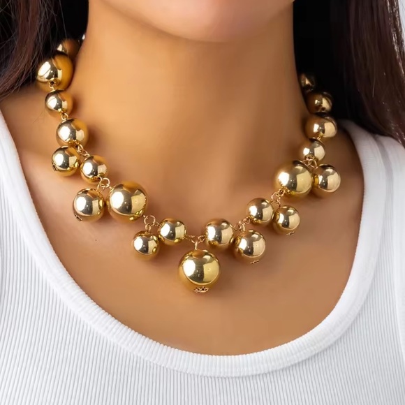 Gold Zara Gold ball. Gold. Gold Beaded Necklace. Adjustable - Picture 3 of 10